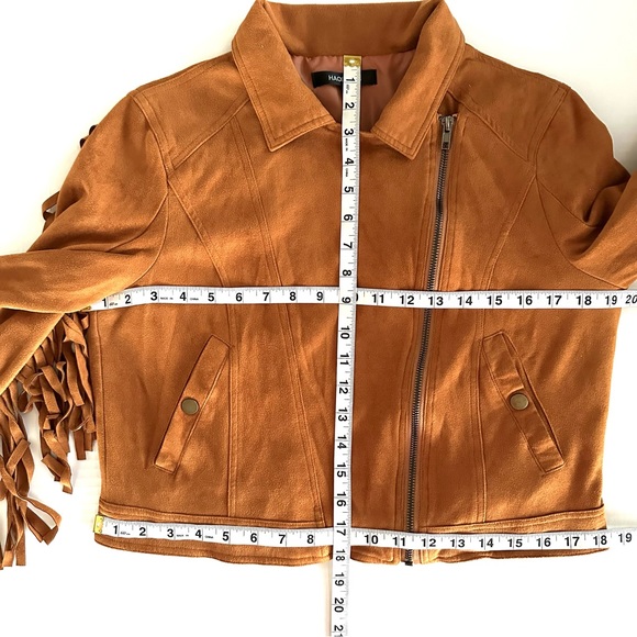 FAUX SUEDE FRINGE ASYMMETRICAL MOTO JACKET IN COGNAC BROWNISH-ORANGE Sz. LG/XL - Picture 10 of 12